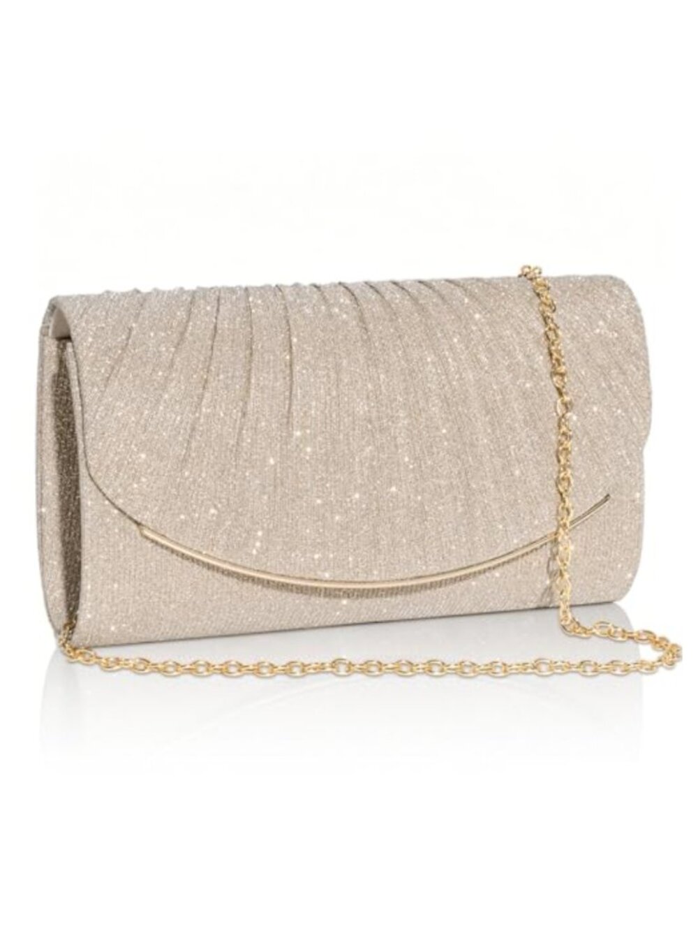 Sparkling Pleated Sequin Clutch with Detachable Chain Evening Crossbody